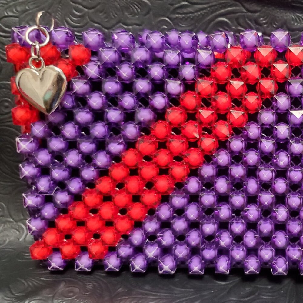 Purple and Red Diagonal stripped Beaded Purse **Brand New**